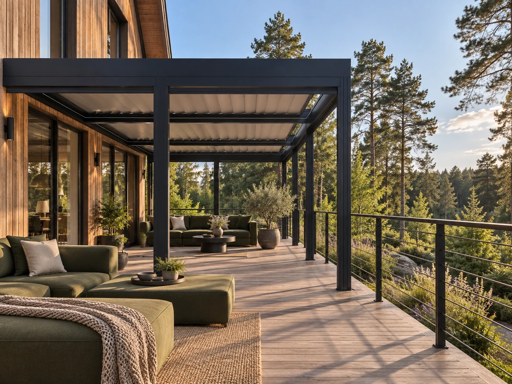 пергола у деревянного загородного дома (перголы со сдвижным тентом)